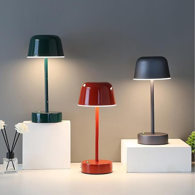 Rechargeable Cordless Mushroom Small Table Lamp with USB Port, Battery Powered Table Lamp Red, Tri Color Dimmable Touch Lamps for Nightstand, Bedroom, Dining Table, Bedside