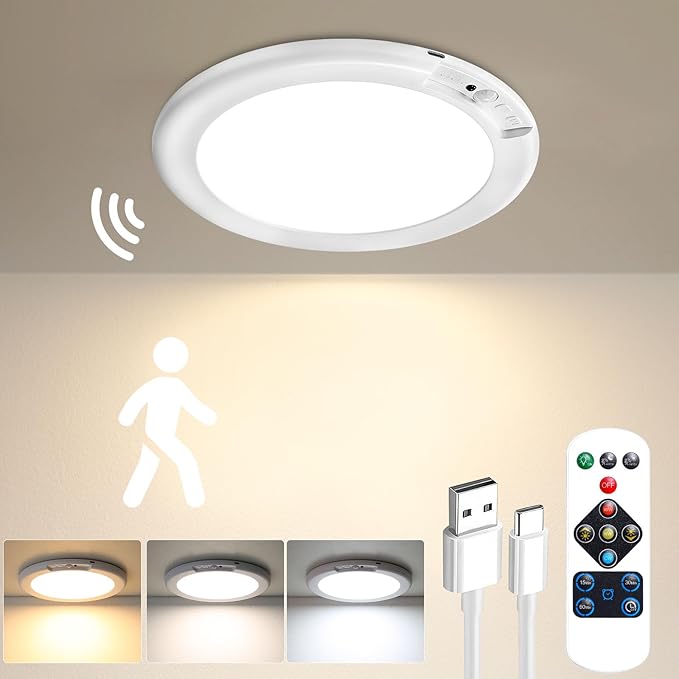 Rechargeable Motion Sensor Ceiling Light with Remote - Magnetic Wireless Ceiling Light Battery Powered for Closet Shower Stairs Shed Hallway ect