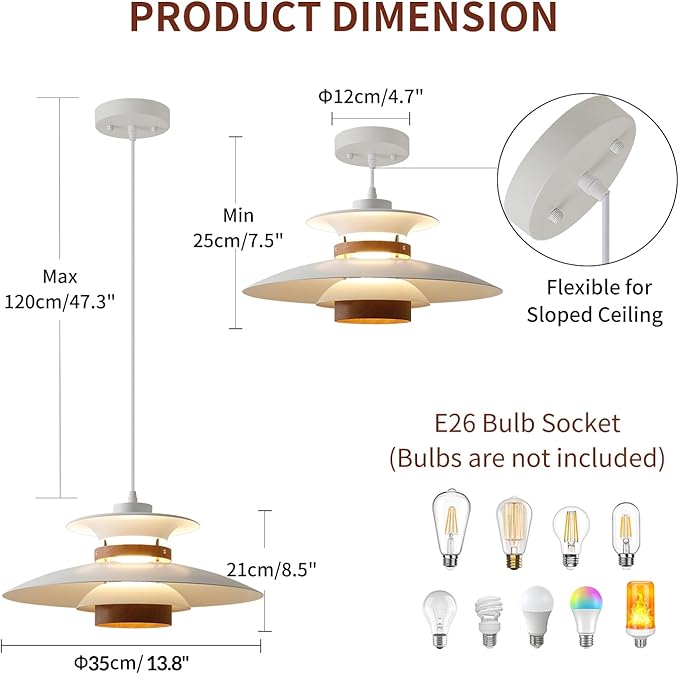 Modern Decor Adjustable Pendant Lamp Kitchen Island, Aluminum and Wood Finish,1-Light E26 Base Ceiling Hanging Light for Dining Room Shop Restaurant (White+Dark Wood Grain, 35cm)