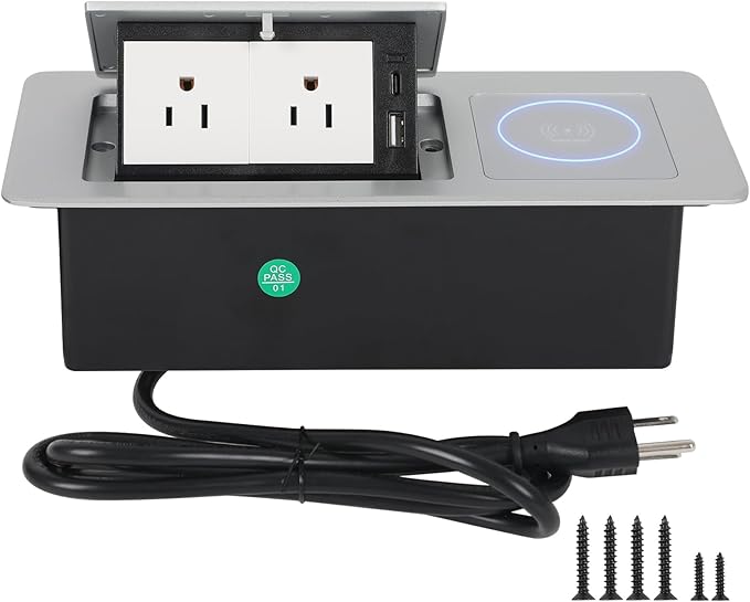Table Pop Up Outlet Automatic Pop Up Strip Center Countertop Recessed Power Strip with 15W Wireless Charger + USB A + USB C + 2AC 5.9Ft Cord for Conference Desk Office Kitchen (Silver-Wireless)