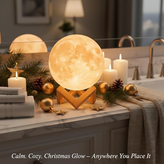 Mydethun Moon Lamp - 4.7' White Elephant Galentine Gifts for Women, 3D Printed LED Night Light w/Wooden Base, Valentine Gifts for Wife, Girlfriend, Mom, Touch-Dimmable, White & Yellow