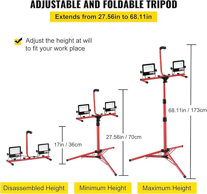 VEVOR LED Work Light with Stand, 5000 Lumen Dual-Head LED Work Light with 27.6"-68.1" Adjustable and Foldable Tripod Stand, IP65 Waterproofed LED Tripod Work Light, with 5000 Kelvin Color Temperature