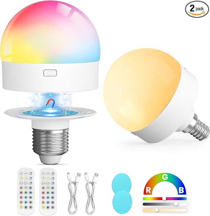 UNILAMP Rechargeable Light Bulbs with Remote, Battery Operated Bulb with 15 Colors & 3 Timer, 2000mAh E26/E12 Dimmable Magnetic Detachable Wireless LED Light Bulb for Non-Hardwired Fixture, 2 Pack