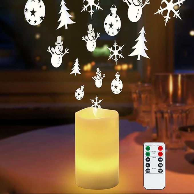 Flameless Candle Christmas Projector Light, Battery Operated Snowflake Candles Lamp with Remote and Timer, Plug-in LED Candle Lamp for Christmas Party Gift Decor (Ivory - Xmas)
