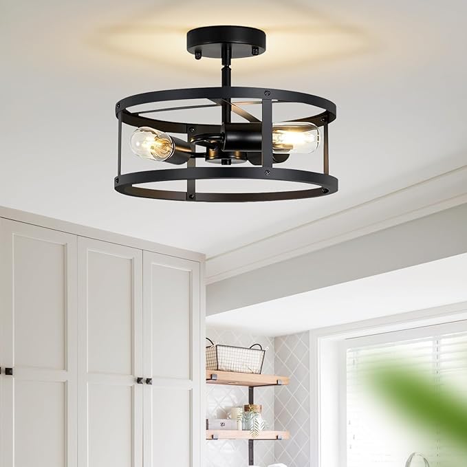 Farmhouse Semi Flush Mount Ceiling Light, 3-Light Black Metal Cage Rustic Chandelier, Industrial Pendant Lighting for Hallway, Bedroom, Kitchen, Foyer, Living Room, Dining Room, Entryway