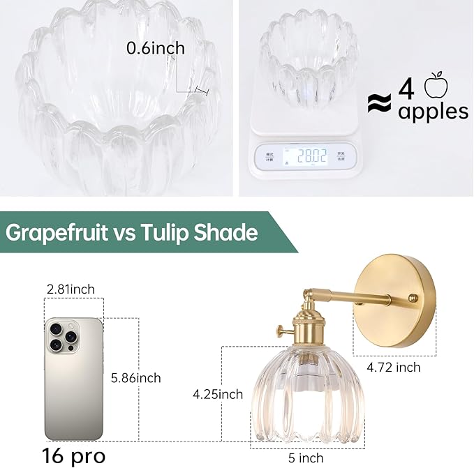Vintage Battery Operated Wall Sconce with Cute Transparent Tulip Glass Lampshade Wireless Rechargeable Battery Powered Wall Light with Remote Control for Bedside Bedroom Doorway, Set of 2