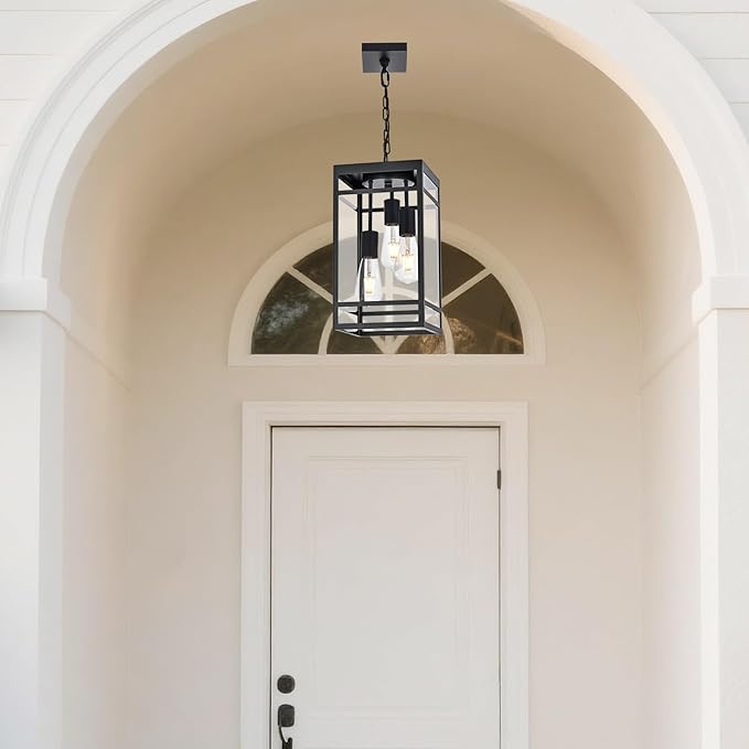 3-Light Outdoor Pendant Lights for Porch, Black Outdoor Chandelier 16'' Large Exterior Hanging Porch Light Fixtures with Clear Glass, Waterproof Outside Pendant Lantern for Garage Foyer