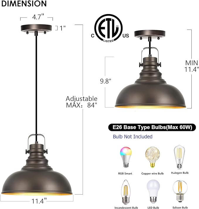 2 Packs Farmhouse Pendant Lights Kitchen Island Adjustable Pendant Light Fixtures Rustic Industrial Hanging Lamp,Oil Rubbed Bronze