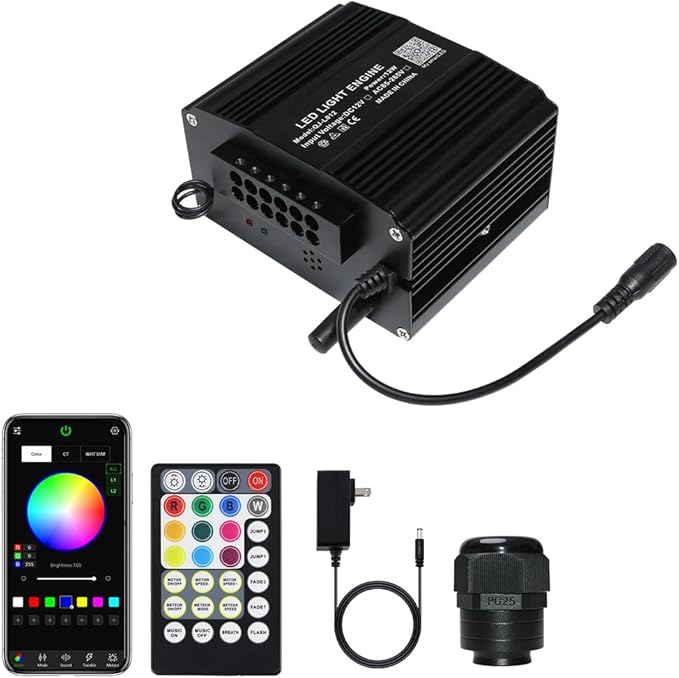 AZIMOM 2-in-1 Twinkle 12W Fiber Optic Starlight Box with Pure White Meteor, Sound Activated APP/Remote RGBW Light Source Driver Pure White Shooting Star for Car Home Star Lighting Decor