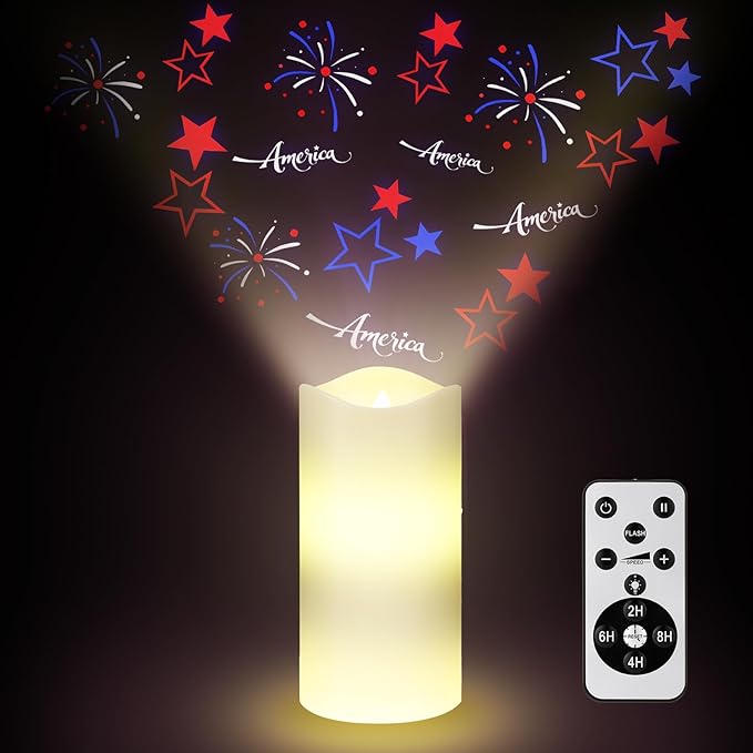 4th of July Flameless Candle Patriotic Projector Light USA 250th Anniversary Decoration LED Candle Battery Operated Night Light with Remote Timer Independence Day Memorial Red White Blue Table Decor