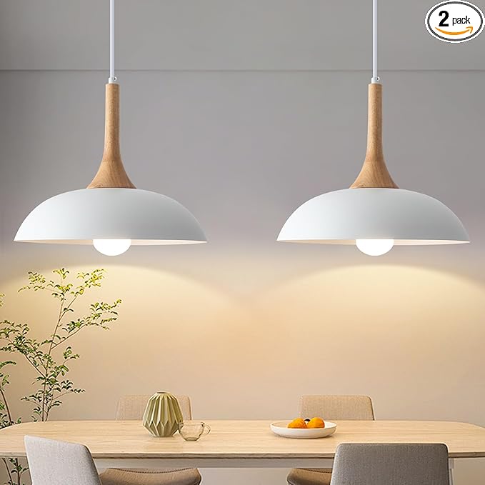 White Pendant Lights Kitchen Island, 2 Pack Modern Pendant Light with Wood Cap, 13.8 inch Dome Pendant Light for Kitchen, Dining Room, Living Room