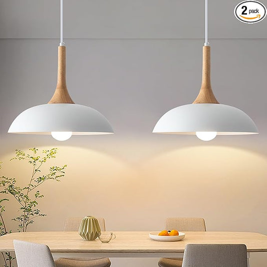 White Pendant Lights Kitchen Island, 2 Pack Modern Pendant Light with Wood Cap, 13.8 inch Dome Pendant Light for Kitchen, Dining Room, Living Room