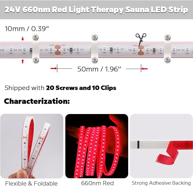 660nm Red Light Sauna LED Strip, Heat-Resistant IP68 Waterproof Flexible LED Tape Light, 24V 600 LEDs 5m/16.4Ft for Relaxation and General Lighting Use (660nm Red)