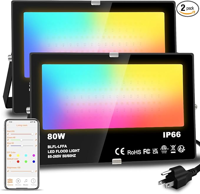 LED Flood Light Outdoor 800W Equivalent 8000LM Smart RGB Landscape Lighting with APP Control, DIY Scenes - Timing - 5700K Daylight White - Color Changing Uplight, IP66 Waterproof US Plug MELPO(2Pack)