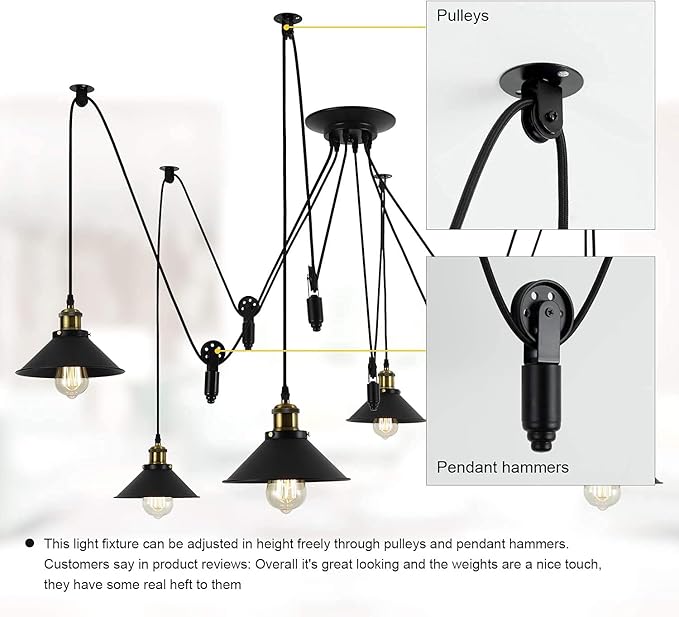 Pulley Pendant Light With 6 Lights, Adjustable DIY Industrial Vintage Rustic Chandelier Mount Ceiling Light Edison Rustic Chandelier,Hanging Pedant Lights Fixture for Dining Room,Warehouse,Farmhouse