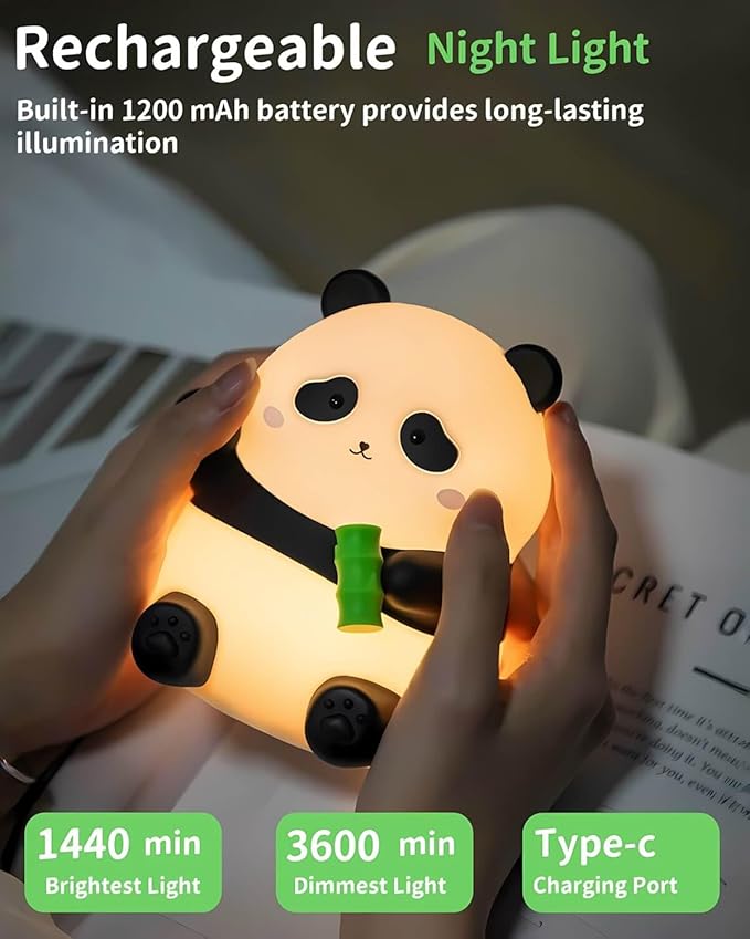 Panda Night Light Squishy, 50Hrs Battery Kids Nightlight, Tap Control 2 Brightness, 30Min Auto-Off, Rechargeable Bedside Lamp for Nursery Toddlers, [Easter Gifts]