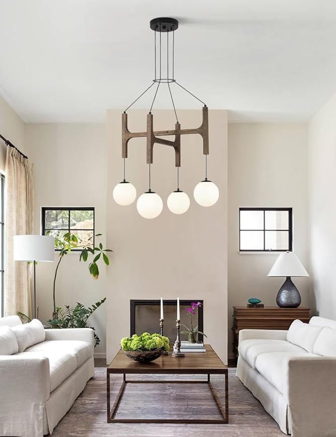 Vintage Milk Glass Pendant Light, Mid Century Wood Chandelier with Rustic Farmhouse Design, 4-Light Hanging Fixture for Kitchen Island, Dining Room, Bedroom Stairwell