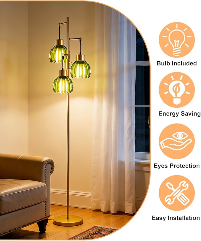 Lightdot 65'' Glass Floor Lamp Dimmable Gold Floor Lamps with Green Lotus Glass Shade& 3000K Bulbs Included 3-Lights Modern Tall Standing Lamp for Living Room/Bedroom/Sofa Beside/Corner Decor