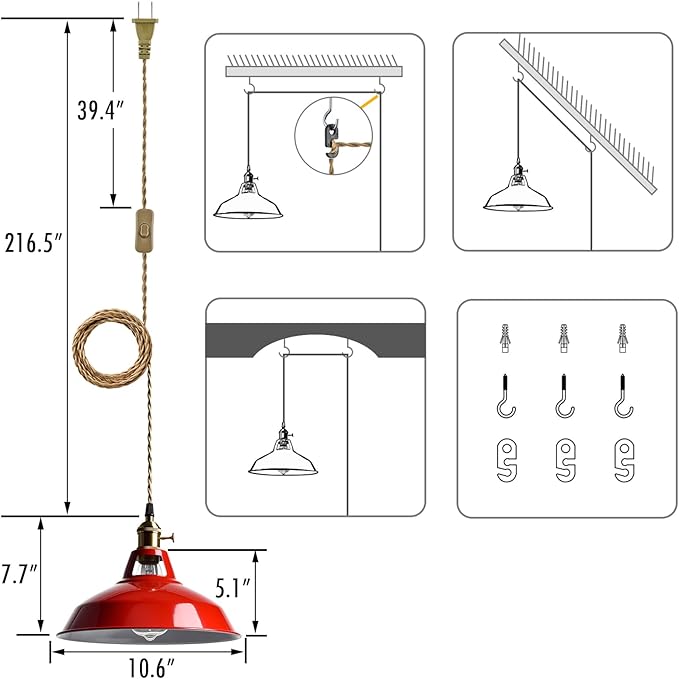 YUBOLE Plug-in Pendant Light Vintage Red Barn Shade Hanging Light Fixture Adjutable Hanging Cord with On-Off Switch Swag Lamp for Kitchen Bar Cafe Bedroom Loft