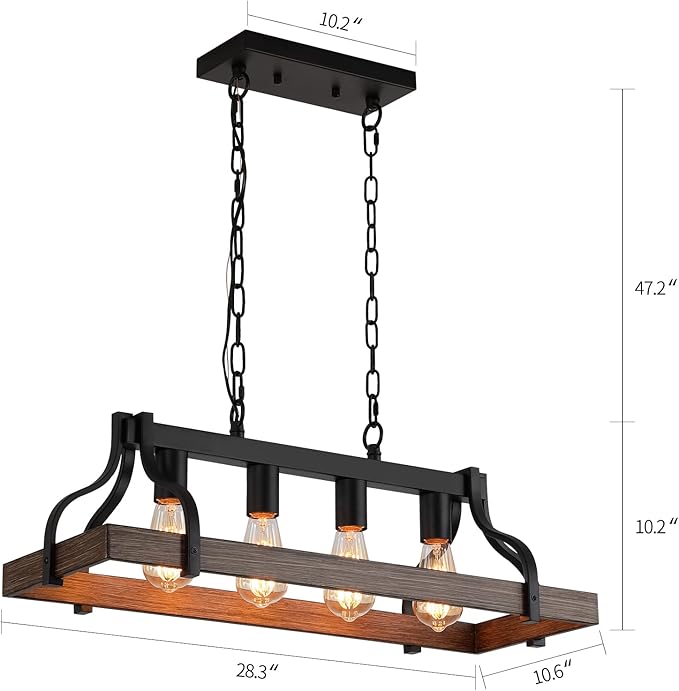 Rustic Kitchen Island Dining Room Light Fixture Farmhouse Linear Chandelier Black and Retro Wood Finish 4-Light Industrial Metal Hanging Pendant Light UL Listed L28.3 W10.6