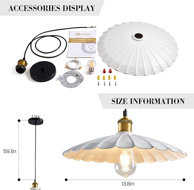 Pendant Lights, 13.8 Inch Glossy White Lampshade Kitchen Pendant Lights Height Adjustable Island Pendant Lights for Kitchen Industrial Style Hanging Light for Bedroom