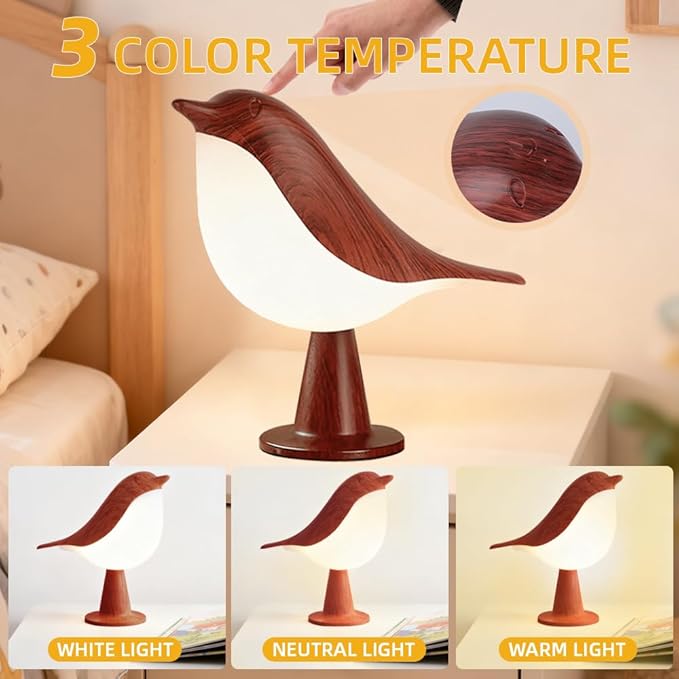 Bird Cordless Table Lamp, Small Cordless Bedside Lamp with 3 Color Temperature, Touch Sensor & Rechargeable Battery - Night Light for Kids, Bedroom, Bedside, Office, and Outdoor Use（Dark）