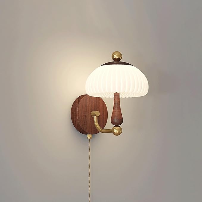 Retro Nordic Unique Creative Design Walnut Wood Grain LED Wall Sconce Mushroom Pleated PE Lampshade Pull Chain for Living Room Bedroom Hotel Bedside Hallway Study Ambient Deco