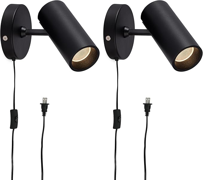 Aisilan 2-Pack 12W Black Plug-in Spotlights, 3000K Modern Uplighting with On/Off Switch, COB CRI≥97 Floor Can Lights for Indoor Artwork, Plants, Studio & Accent Lighting