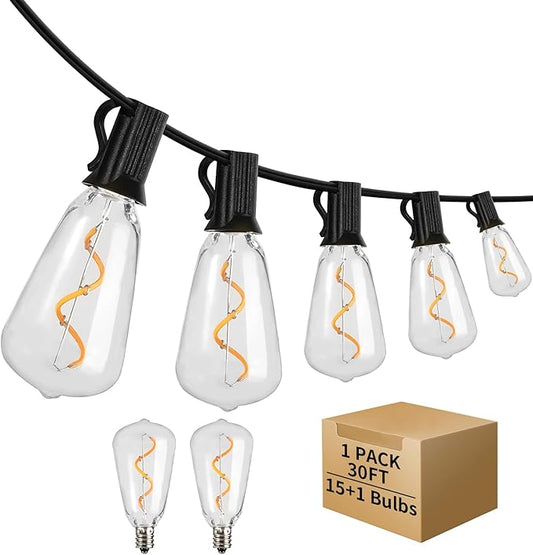 30FT LED Outdoor String Lights Waterproof, 2200K ST38 LED Globe Outdoor Lights for Patio with 16 Edison Vintage Shatterproof Bulbs, Connectable Backyard Lights for Garden, Bistro, Porch, Cafe