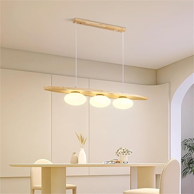 Scandinavian Modern Wood Pendant Light, 3-Light Linear Hanging Fixture with White Glass Globes for Dining Room Kitchen Island, Wood Finish, Adjustable(Wood Color)