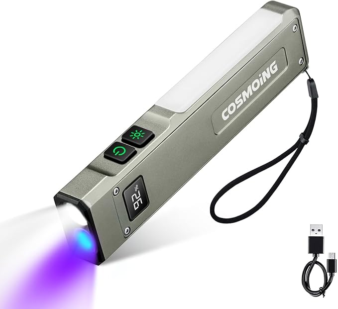 Rechargeable EDC Flashlight, 1800 Lumens Flat Flashlight 9 Mode with White LED/UV/RGB Modes, Magnetic Clip-on Pocket Flash Lights for Camping, Emergency, Repair, Pet Urine, Working - Gunmetal