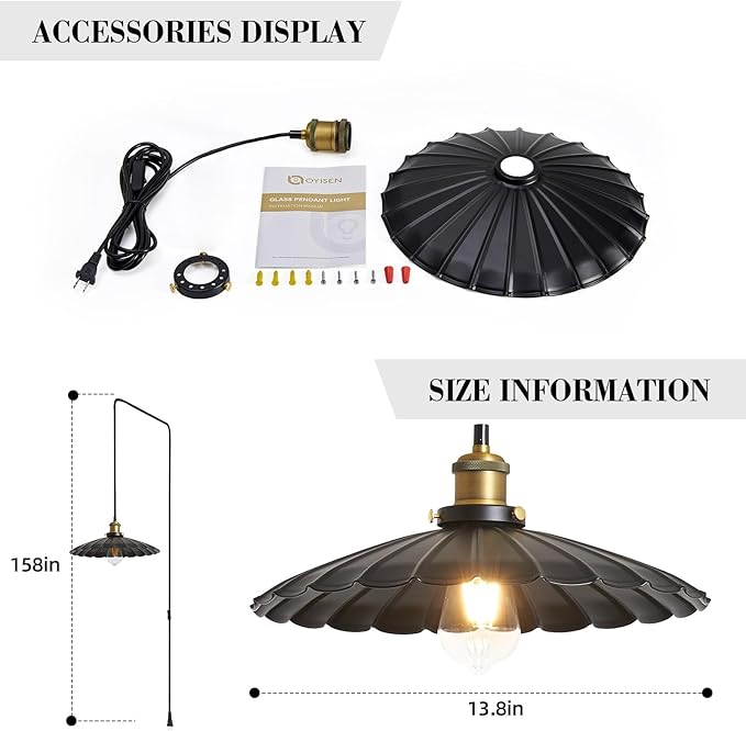 Hanging Plug in Light 2Pack Rustic Black 13.8 Inch Lampshade with 14Ft Cord Bar Counter Hanging Light Fixture with Plug in Cord On/Off Switch Hanging Lamp Plug in