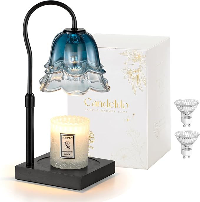 Candle Warmer Lamp with Timer: Navy Blue Flower Candle Warming Lamp with 2 Bulbs Height Adjustable Wax Warmer Dimmable Bedroom Decor Mothers Day Birthday Gift for Women