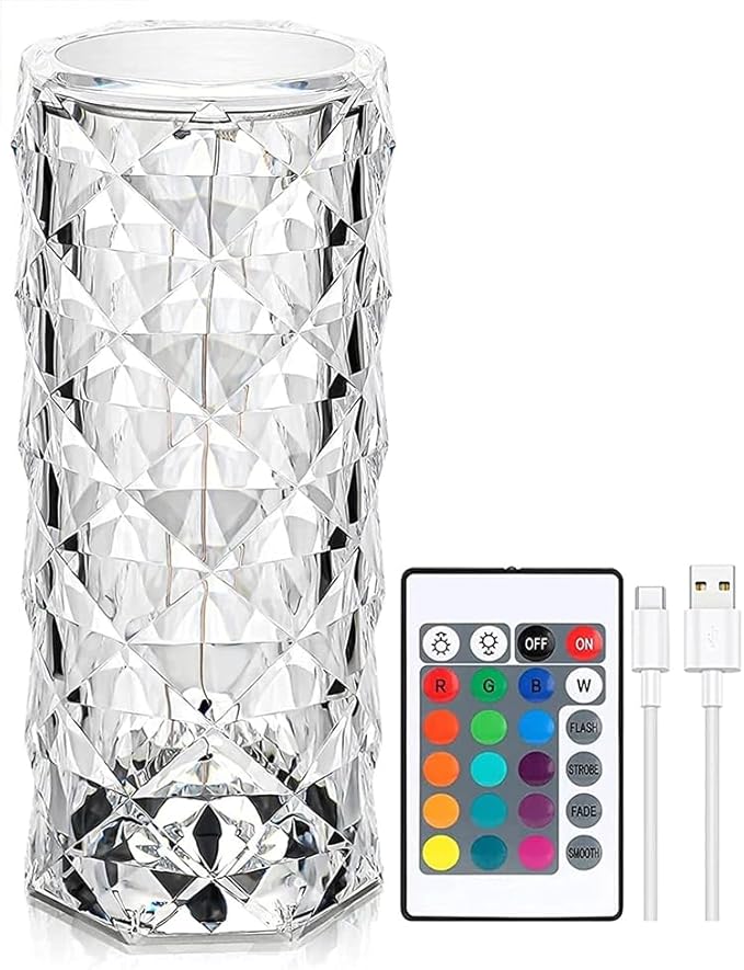 Rose Diamond Table Lamp RGB Color Changing Crystal Night Light, Touch Control Bedside Lamp with USB Rechargeable & Remote, Atmosphere Lamp for Mother's Day Valentines Wedding Decoration