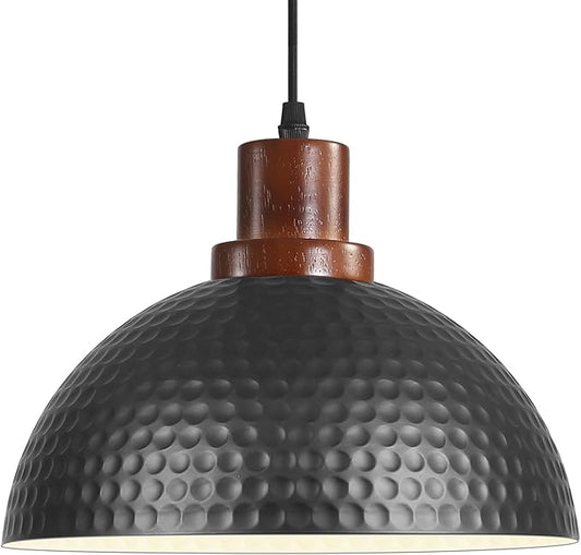 11.8" Wood Pendant Lights Kitchen Island, Hammered Dome Pendant Lighting, Black Pendant Light Fixture Hanging Ceiling Light