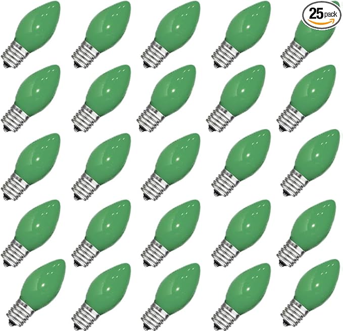 GOOTHY 25 Pack C7 Christmas Replacement Bulbs, C7 Green Ceramic Light Bulbs for St. Patrick's Day Decorations Christmas Outdoor Patio Indoor String Lights, C7/E12 Candelabra Base, 5 Watt -Green