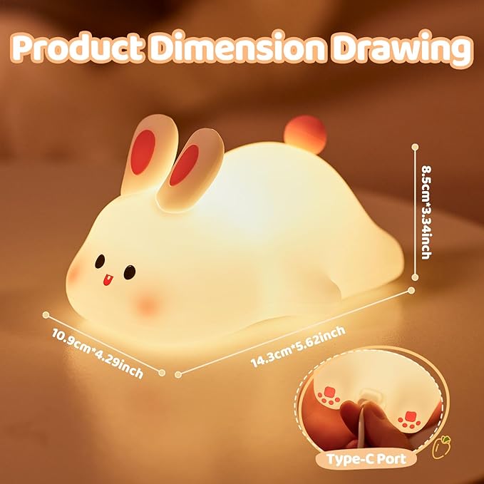 Big Face Rabbit Night Light, 3-Level Pat Control & Cute Squishy Lamp for Kids Room, USB Rechargeable with Timer, Easter Gifts