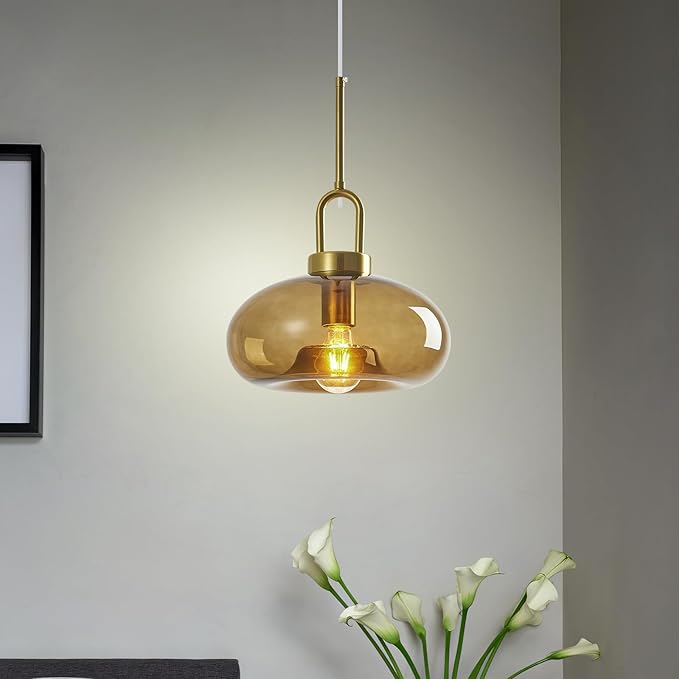 Brown Glass Pendant Lights Kitchen Island Gold Pendant Light Fixtures Adjustable Height Modern Pendant Lighting for Bedroom Dining Room (1-Pack)