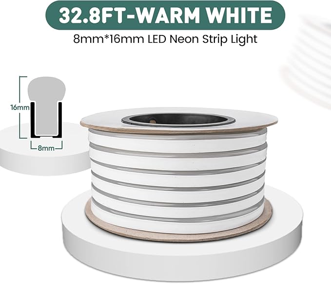 GZBtech Flexible LED Neon Rope Lights 33FT,AC 110-120V Waterproof Strip Light, 120 LEDs/M Cuttable Connectable Neon Lighting for Indoor Outdoor Home Decor/Commercial Use-Warm White 10M, ETL Listed