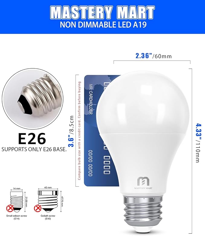 MASTERY MART 6/12/24/36/60/90/120 Pack LED Light Bulbs A19 9W (60 Watt Equivalent) E26 Medium Base, 5000K Daylight White, 800 Lumens, CRI 80+, Non-Dimmable, Energy Star, UL Listed, 90 Pack