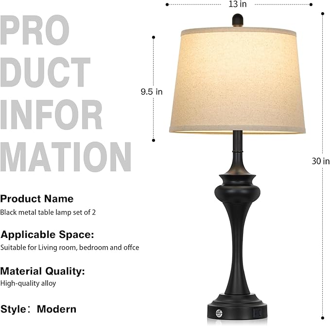 30" Black Tall Table Lamps for Living Room, Touch Control Bedside Lamp with USB A+C Ports, 3-Way Modern Bedroom Table Lamps Set of 2, Elegant Metal Lamp for Nightstand Desk Side Table Office