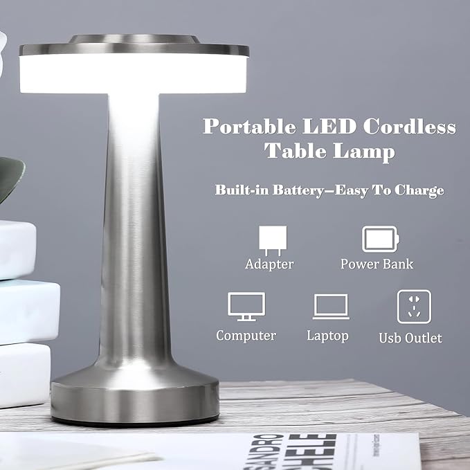 Riakrum 4 Pcs LED Portable Cordless Table Lamp with Touch Sensor 3 Color Stepless Dimming Rechargeable Battery up to 15 Hours Cordless Table Light Wireless Lamp for Nursery (Silver)
