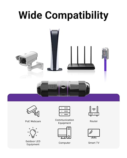 VCELINK Waterproof RJ45 Coupler IP68 Short Profile, Cat6/Cat5E/Cat5 Waterproof Ethernet Connector Shielded, Outdoor Network LAN Cable Extender PoE, 3.23in (Purple-3 Pack)