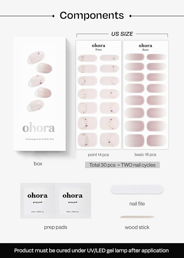 ohora Semi Cured Gel Nail Strips (N Floral Serenity) - Nude, Ombre, Works with Any UV/LED Lamps, Salon-Quality, Long Lasting, Easy to Apply & Remove - Includes 2 Prep Pads, Nail File & Wooden Stick
