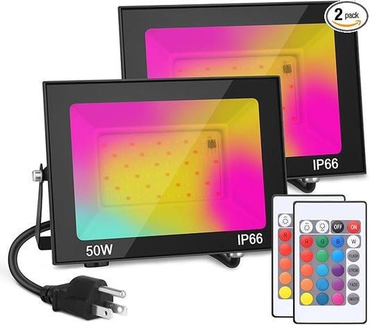 Halloween LED Flood Light Outdoor, 50W Color Changing RGB Flood Light, IP66 Waterproof Outdoor Landscape Lights Stage Lights, Christmas 5000LM Uplighting for Party, 2Pack