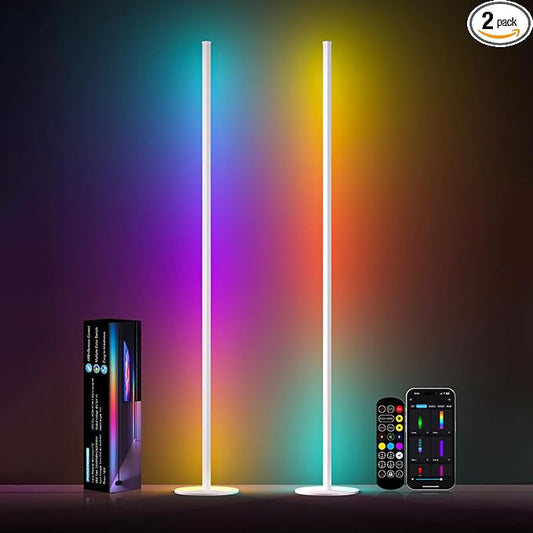 White Corner Floor Lamp 1 Pair, LED Corner Lamp with Remote Control, APP Control 16 Million Colors, Timing, Color Changing Ambient Lighting for Living Room, Bedroom, Gaming (Only One Adaptor)