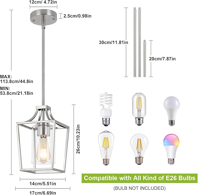 Brushed Nickel Lantern Pendant Light Fixture Pendant Lights for Kitchen Island with Clear Glass Shade, Adjustable Height Rods Pendant Lighting for Dining Room Kitchen Foyer Hallway