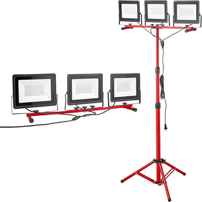 VEVOR LED Work Light with Stand, 21000 Lumens, Three-Head Portable Camping Light with Individual Switch, Tripod Stand, 10.83 ft Power Cord, for Indoor Outdoor Job Site Construction, IP65 Waterproof