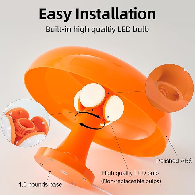 Orange Bedside Lamp for Bedroom Nightstand, Retro Mushroom Table Lamp with 3 Lighting Color and 10 Brightness Level, Desk Lamp for Reading Room/Office/Dorm(W11'' x H7.67'', USB Powered)
