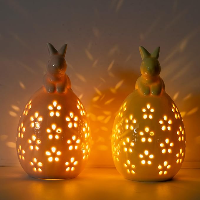 WDS WONDROUS Light Up Easter Decorations Bunny and Egg Figurines Set, LED Pink & Yellow Easter Spring Home Decor, Ceramic Rabbit Egg Sculpture for Farmhouse Tabletop Centerpiece Wedding Gifts 2PCS